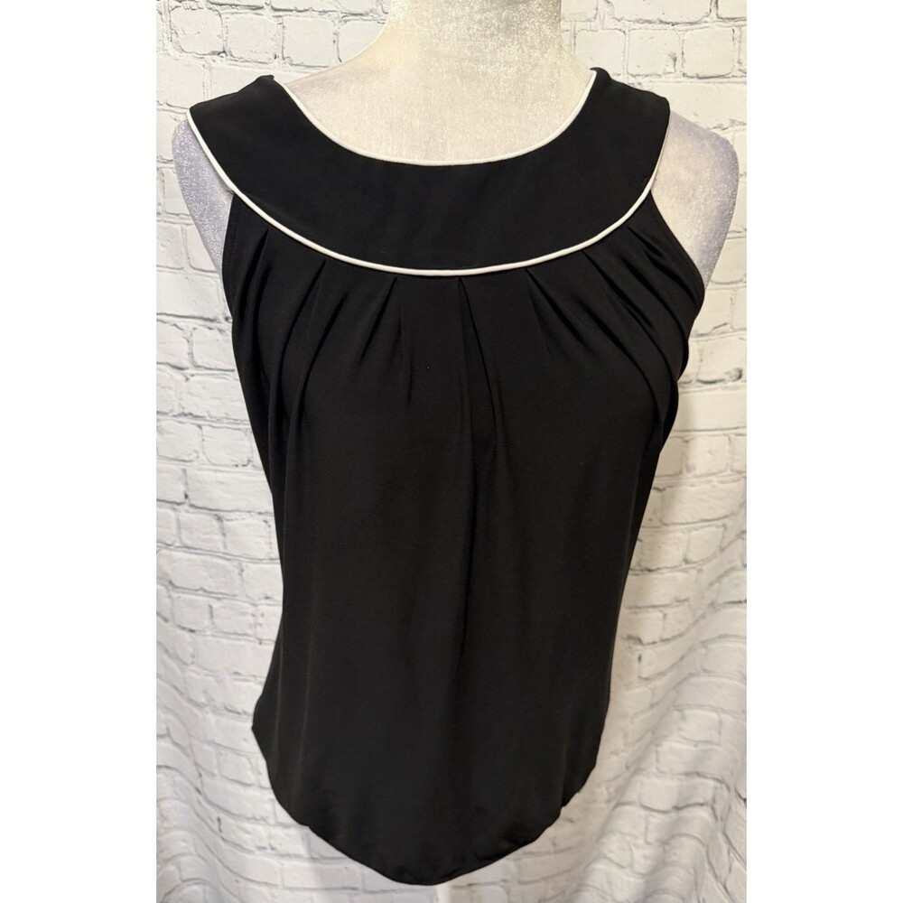 White House Black Market WHBM Top Blouse Black Round Neck White Trim Small